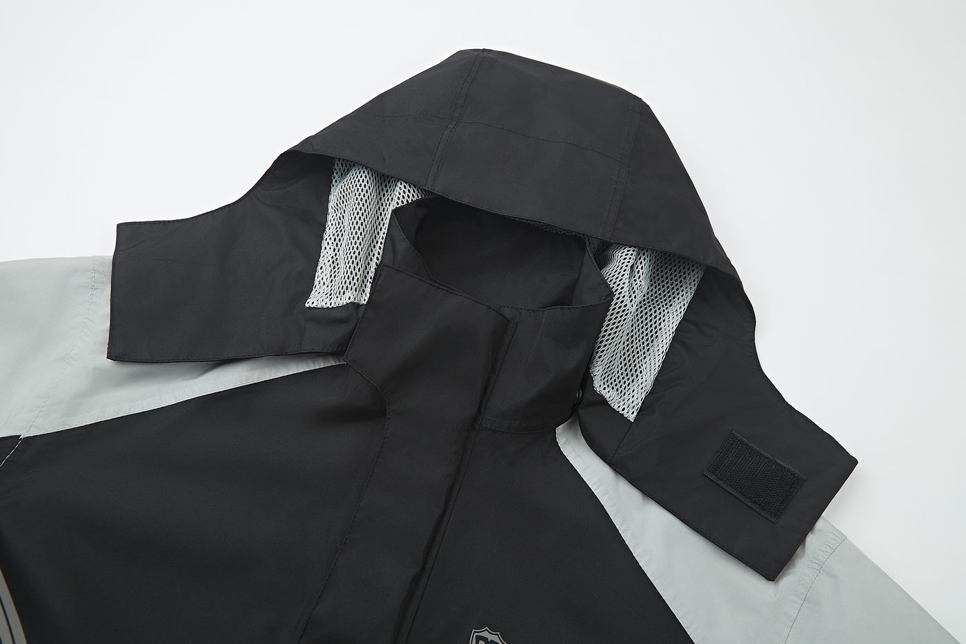 Mesh-lined hood with hook-and-loop collar — Grey colorway