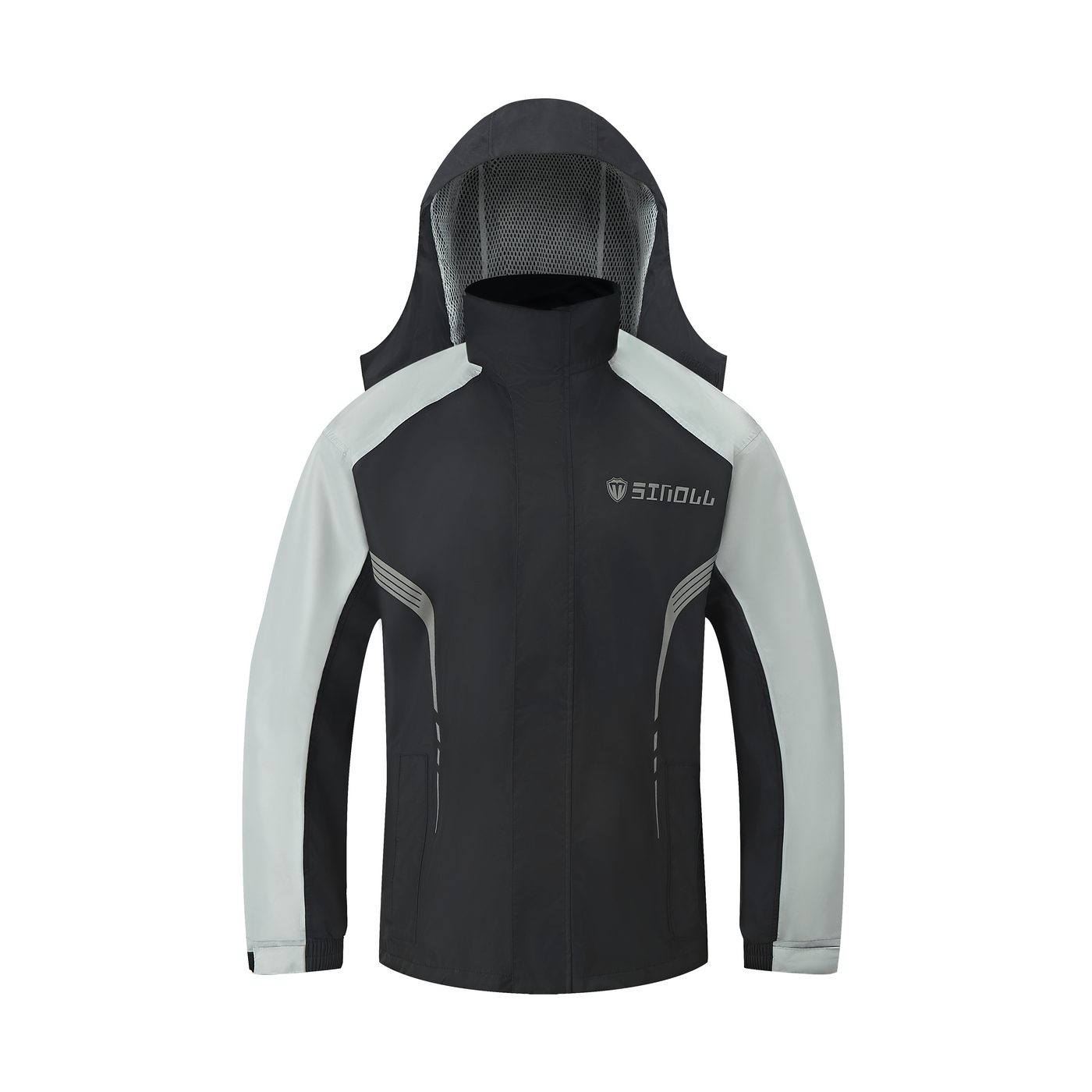 SN-002 Grey jacket front view with mesh-lined hood up