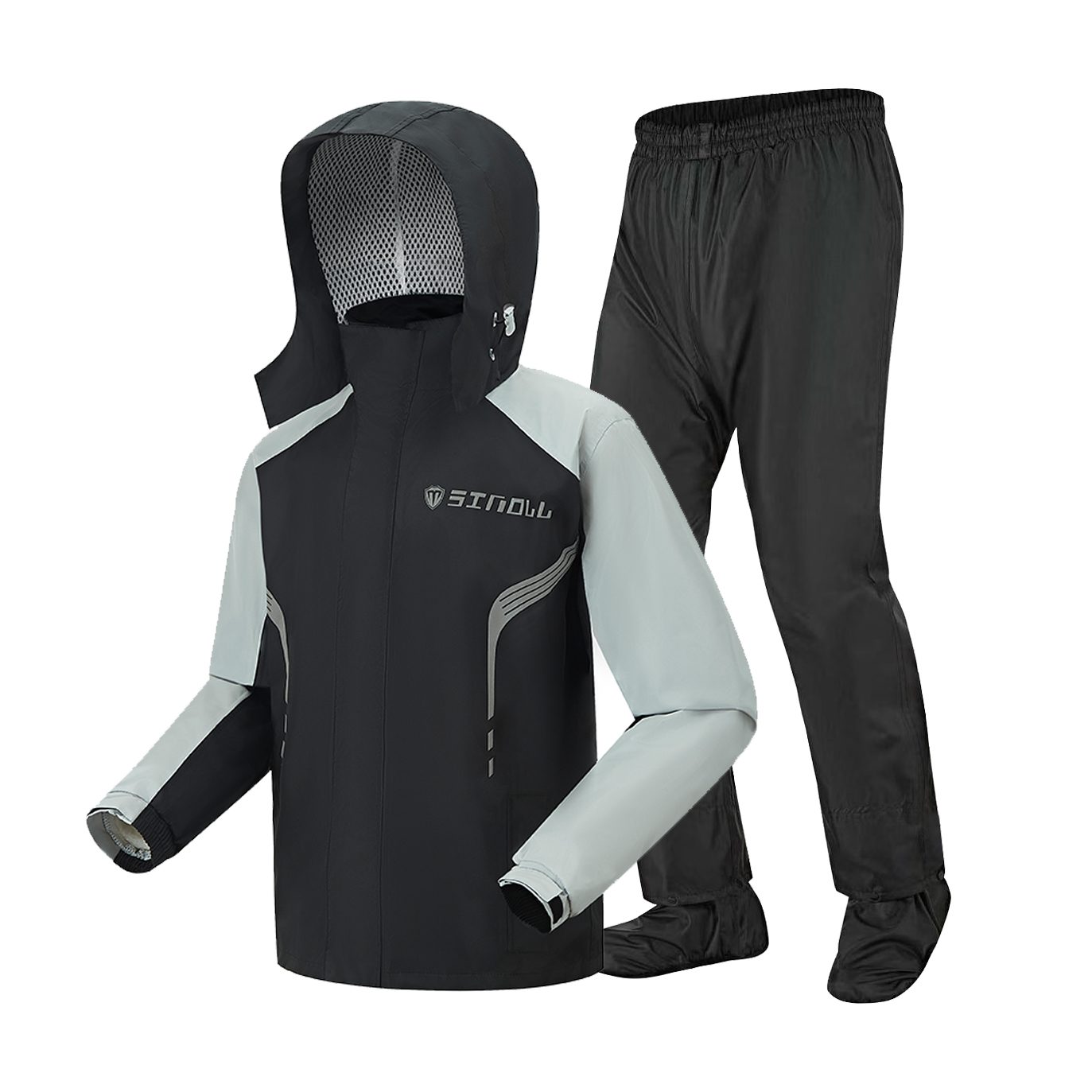 SN-002 Grey two-piece rain suit with integrated shoe-cover trouser — white background