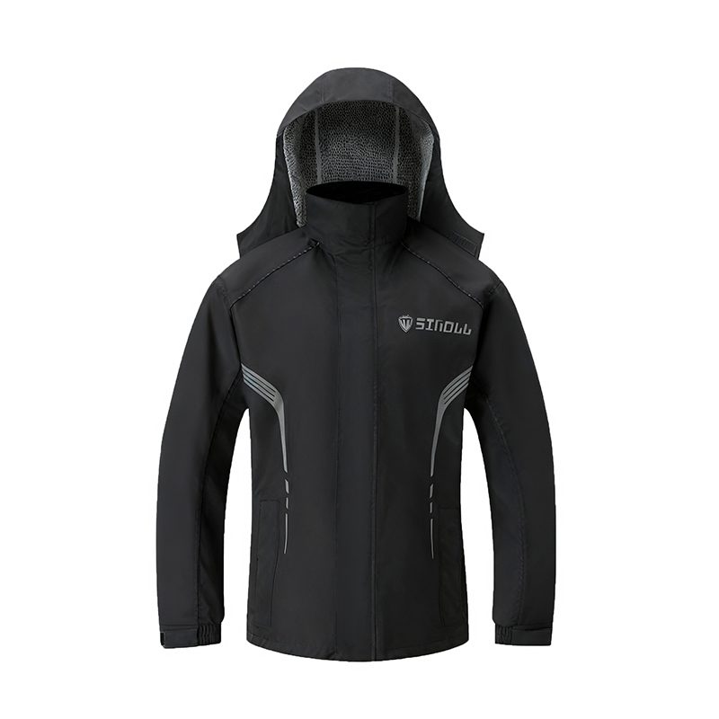 Black jacket full front with hood up