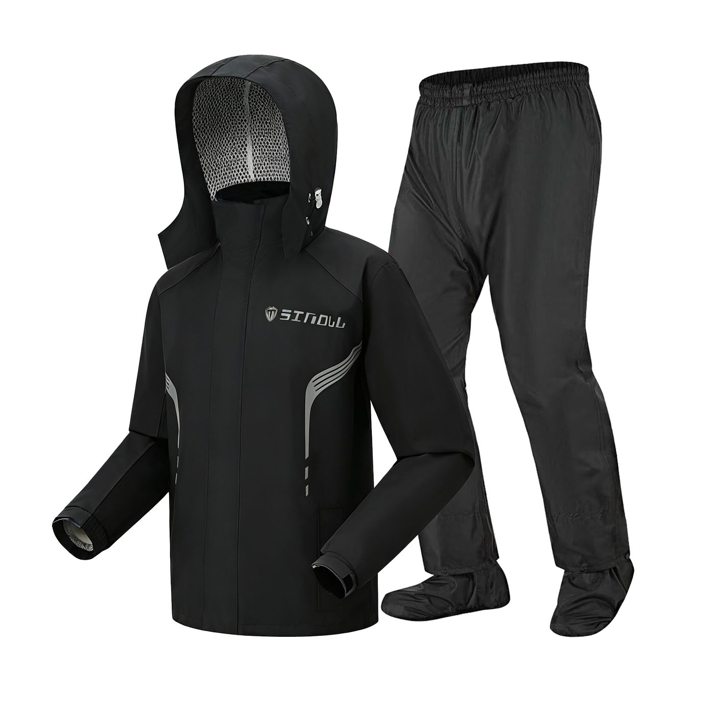 SN-002 Black two-piece rain suit with integrated shoe-cover trouser — white background