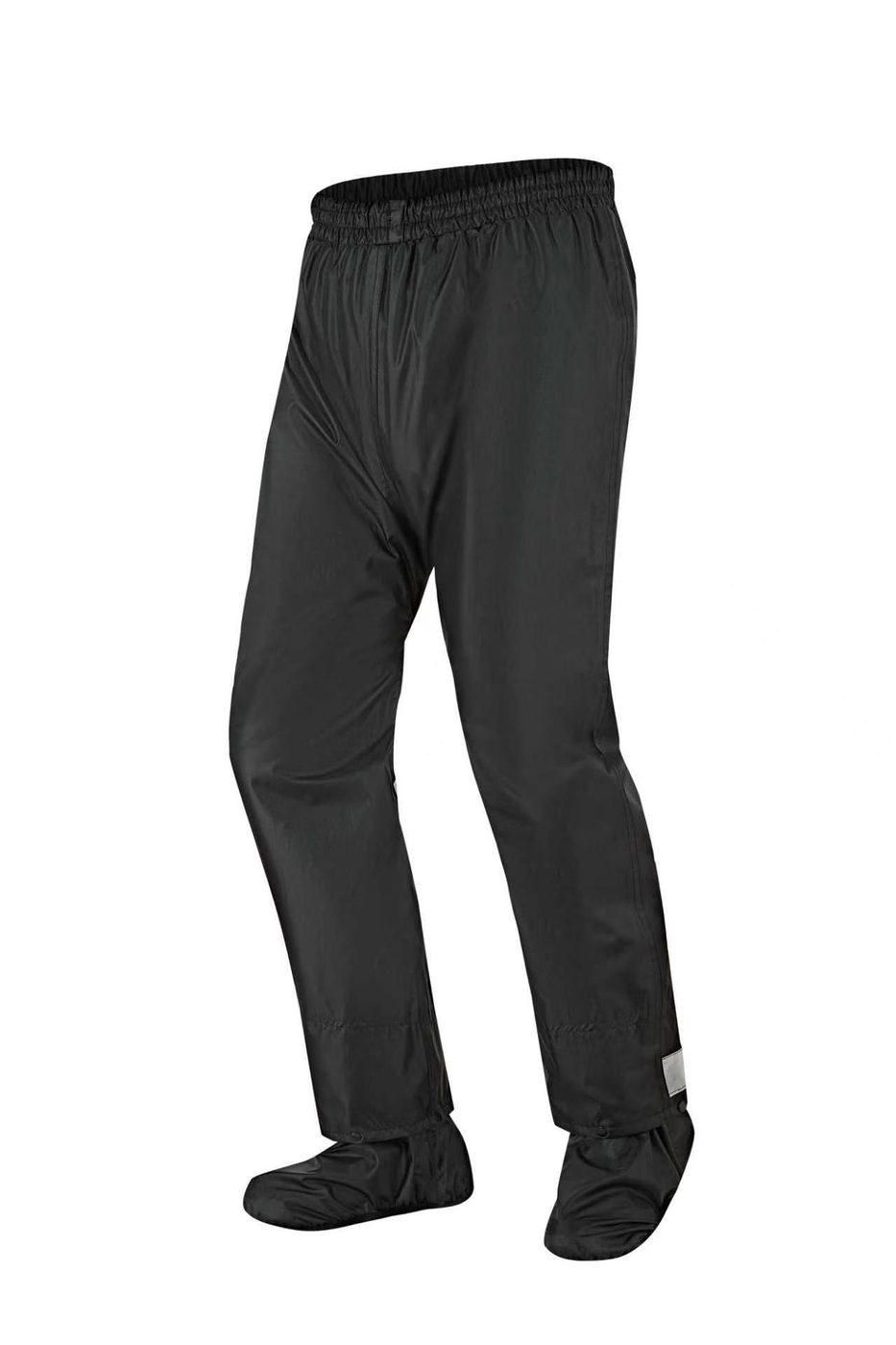 Black trouser with integrated shoe cover closed over the boot