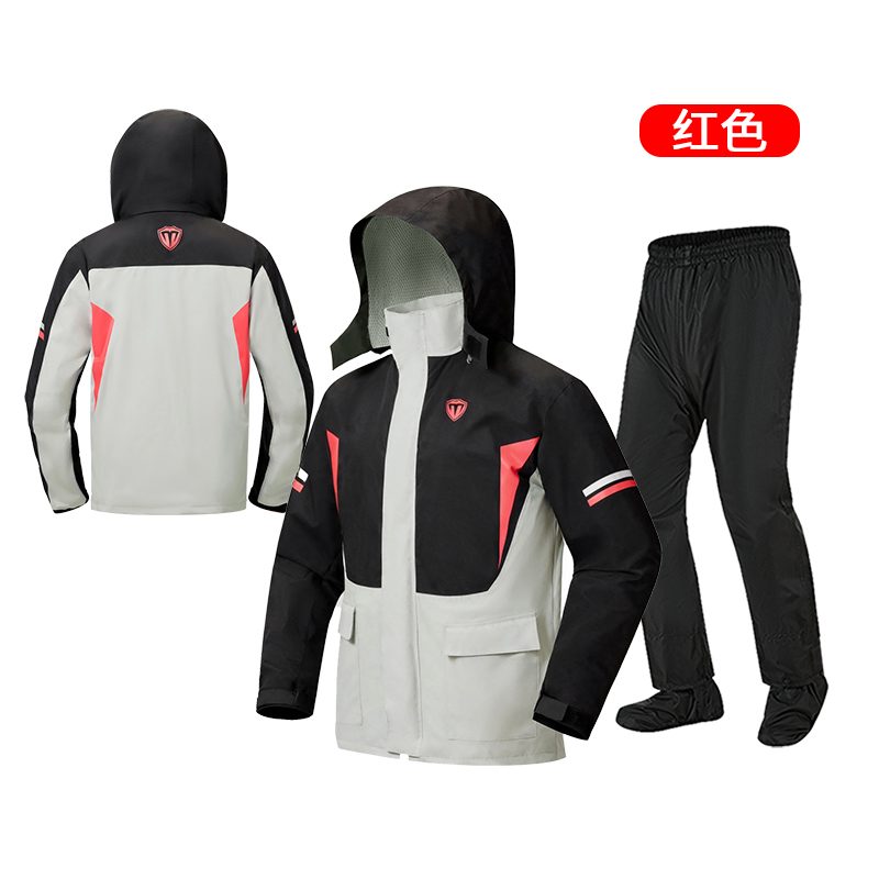SN-010 Red accent color-block rain suit — jacket front, back and trouser set