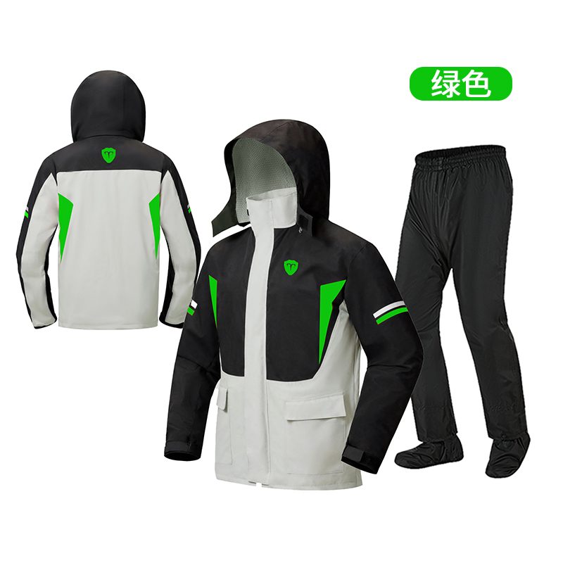 SN-010 Green accent color-block rain suit — jacket and trouser set