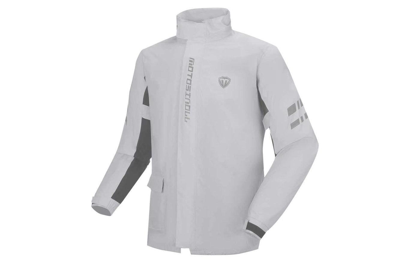 Grey rain suit full front — made to order
