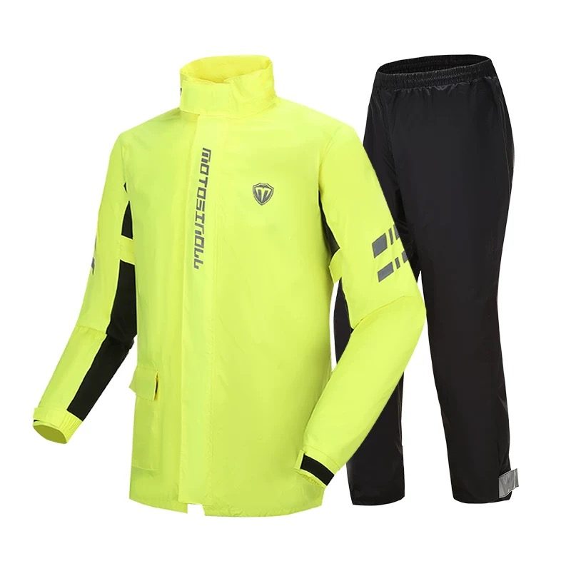 SN-112 Fluoro Yellow two-piece motorcycle rain suit — white background