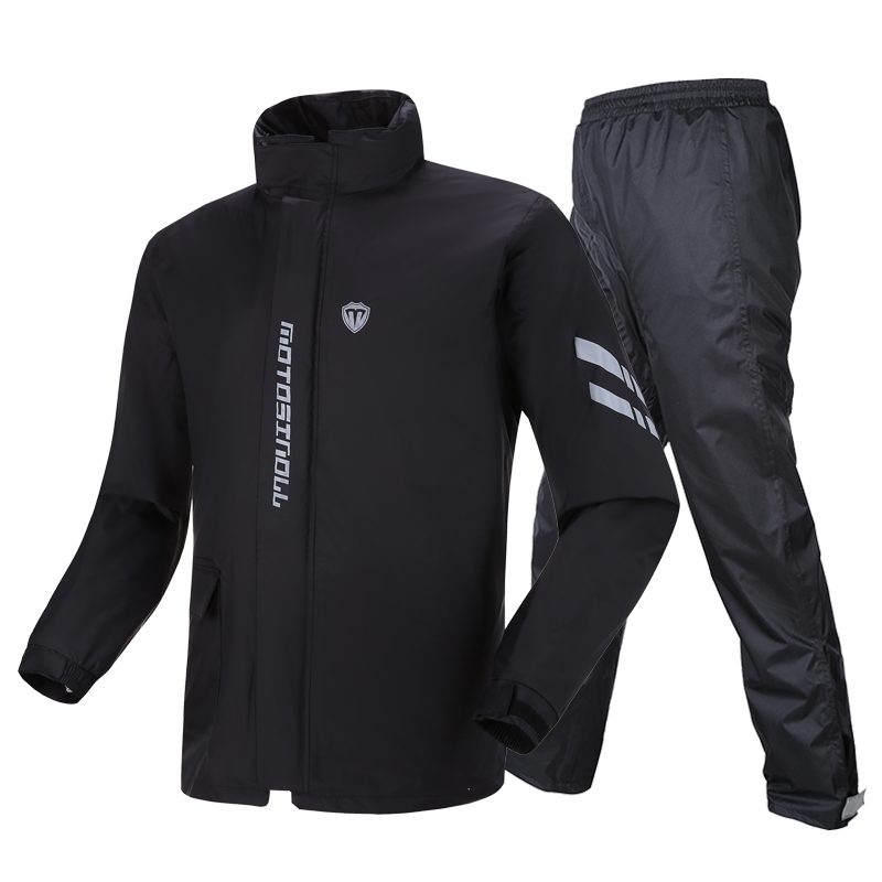 SN-112 Black two-piece motorcycle rain suit — white background